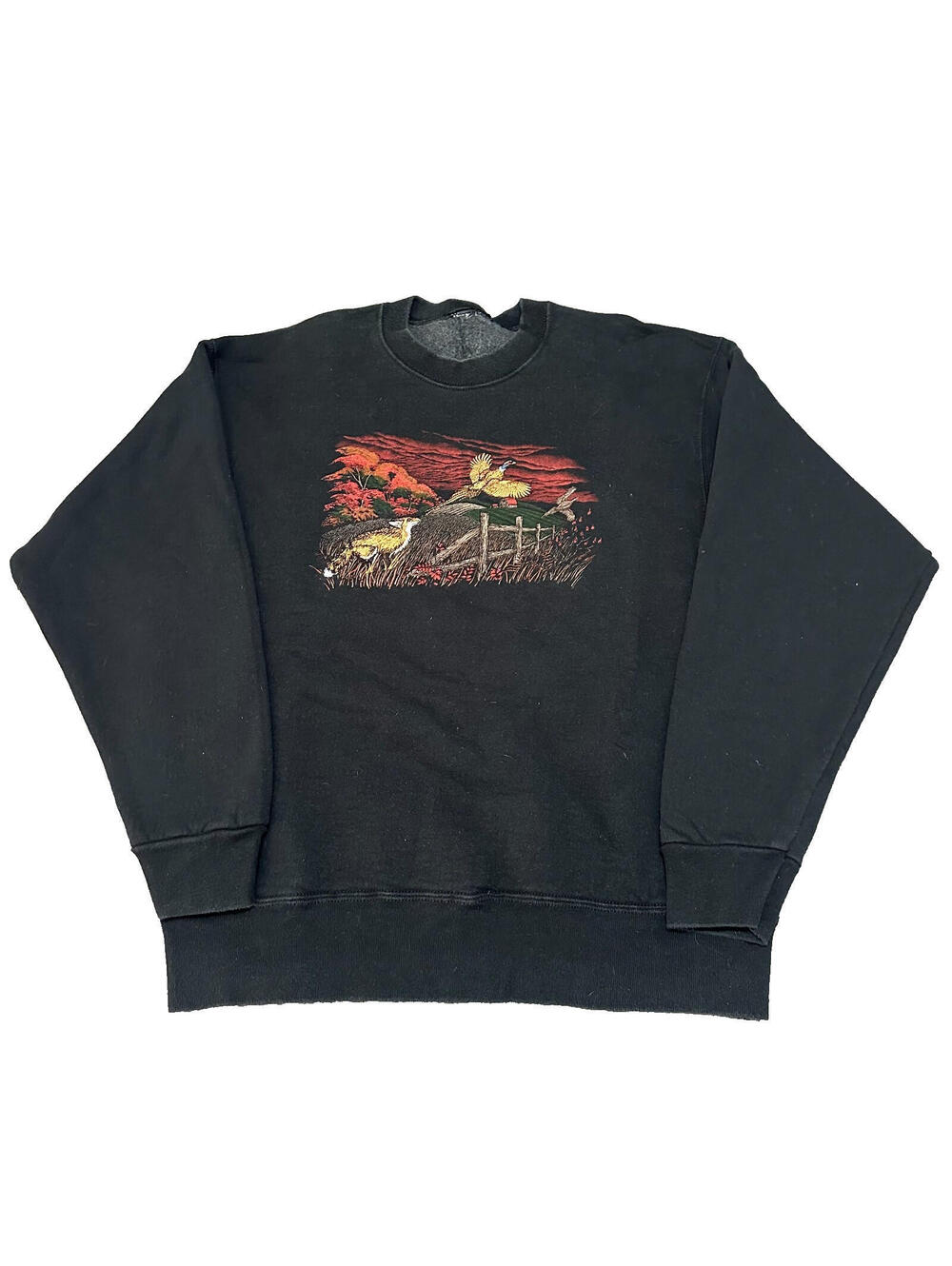Vintage Crewneck Sweatshirt Large L Black USA Pheasant Fox Embroidered 90s VTG